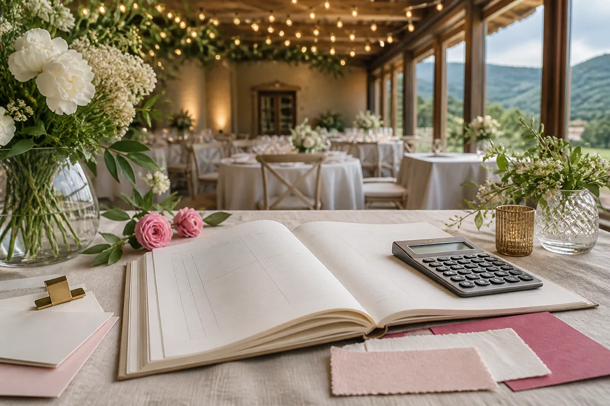 Cahier de comptes de mariage ouvert avec calculatrice et échantillons de papeterie
