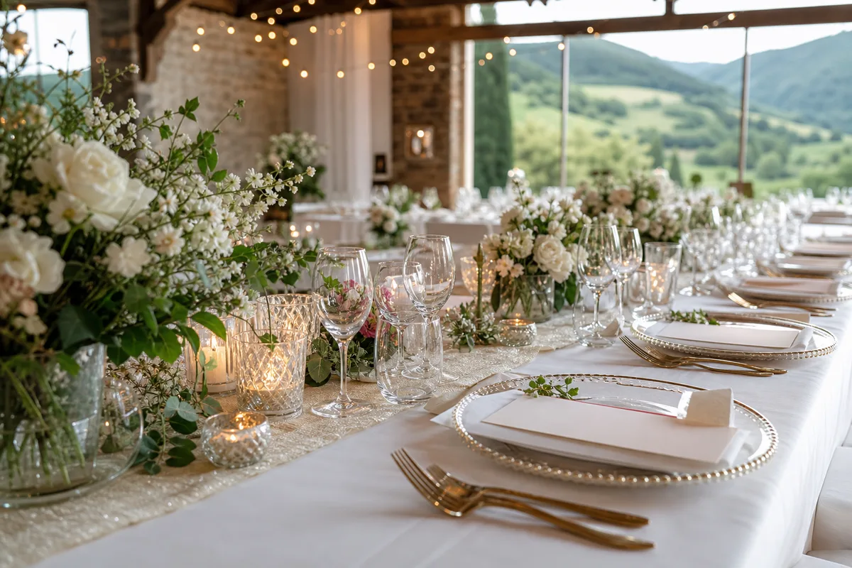 Table de réception dressée avec verres, couverts et menu imprimé