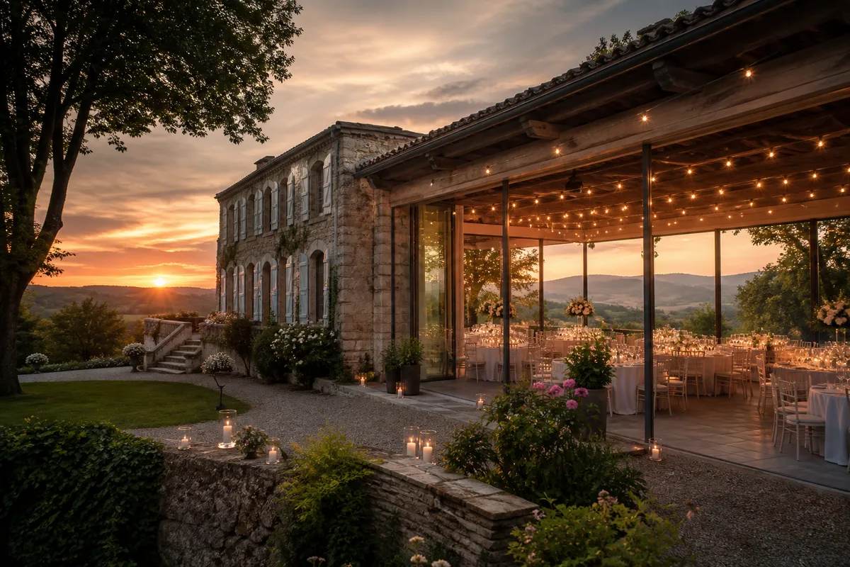 Façade d’une demeure de caractère avec parc arboré au coucher du soleil