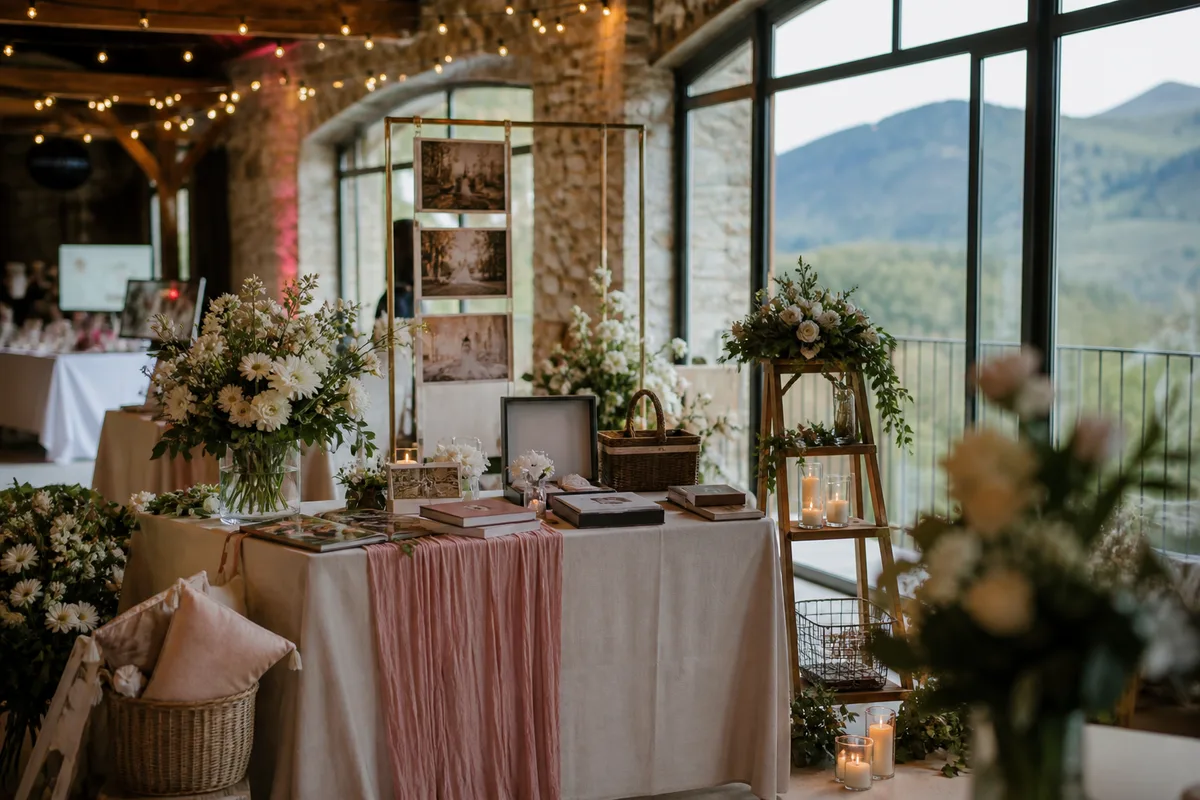 Stand de professionnel du mariage aménagé avec présentoir et éclairage soigné