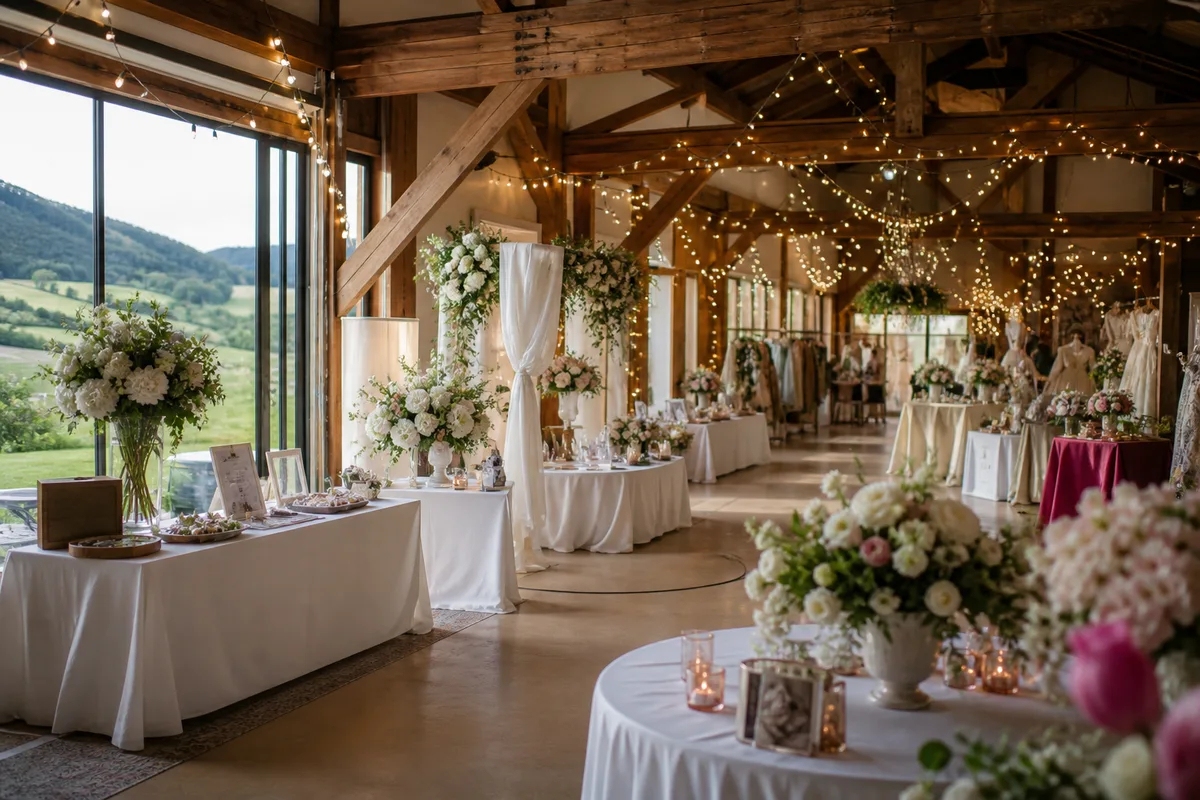 Allée d'un salon du mariage bordée de stands, guirlande de fanions au-dessus des visiteurs