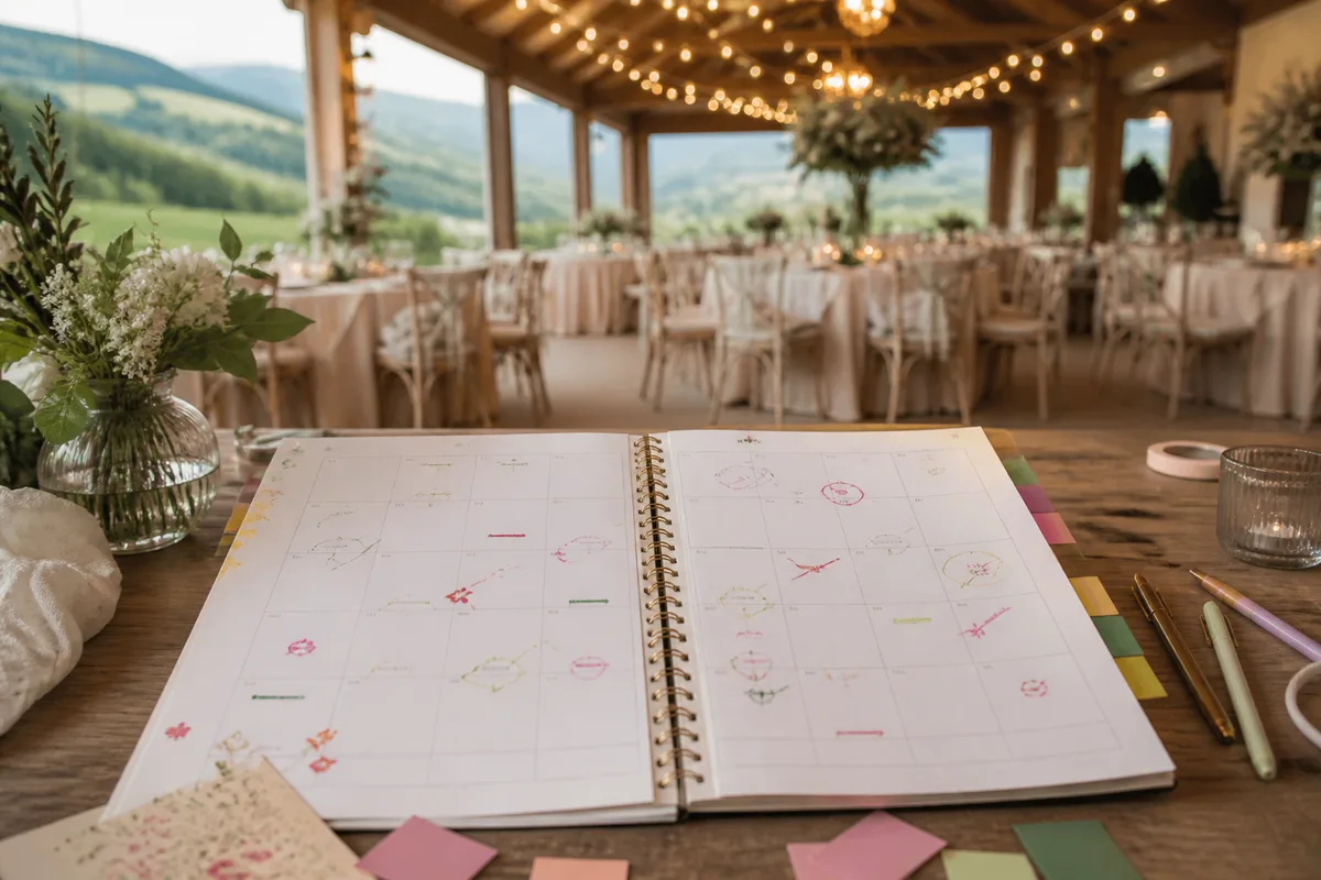 Calendrier de préparation de mariage annoté mois par mois posé sur une table en bois