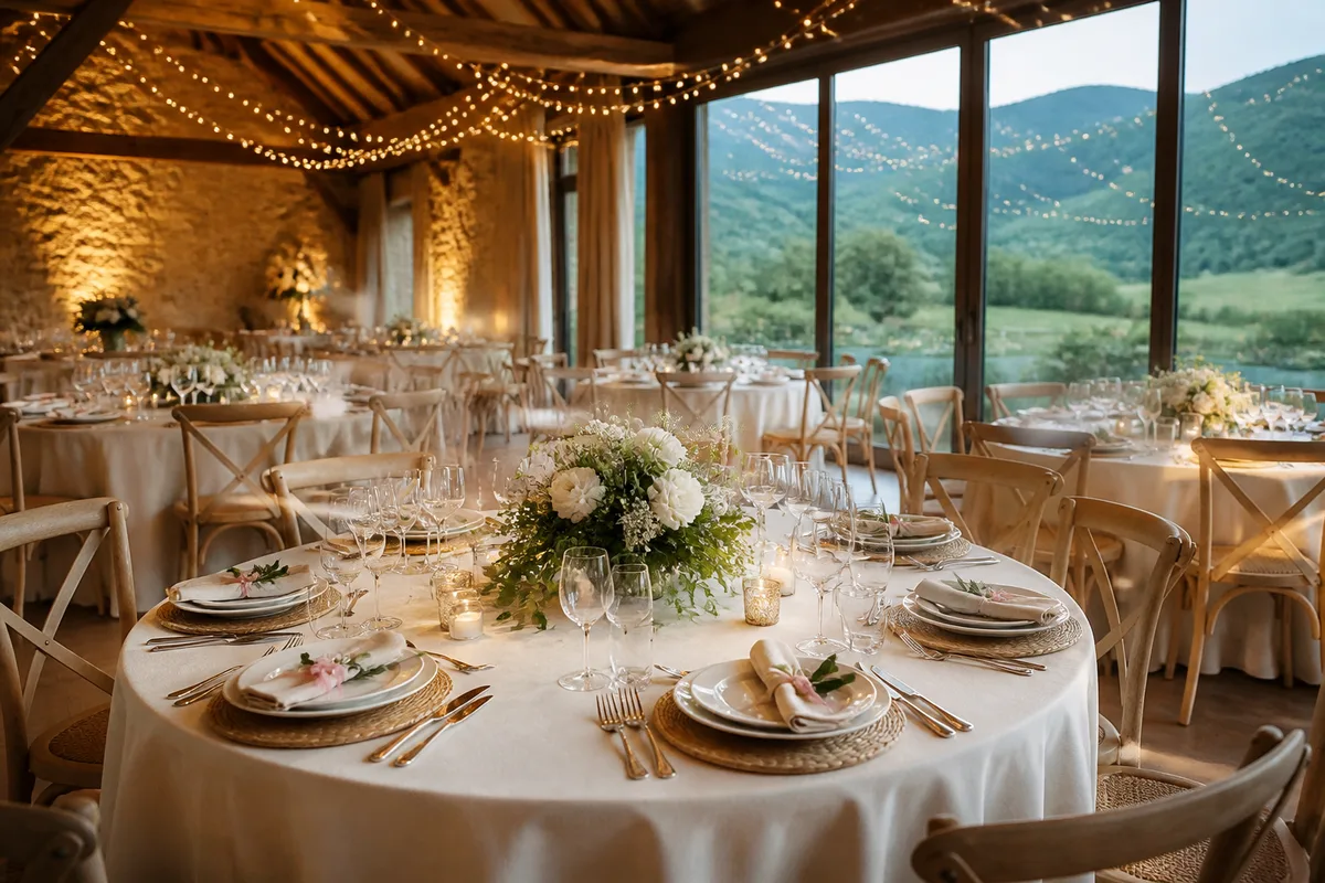 Salle de réception dressée avec tables rondes et éclairage tamisé