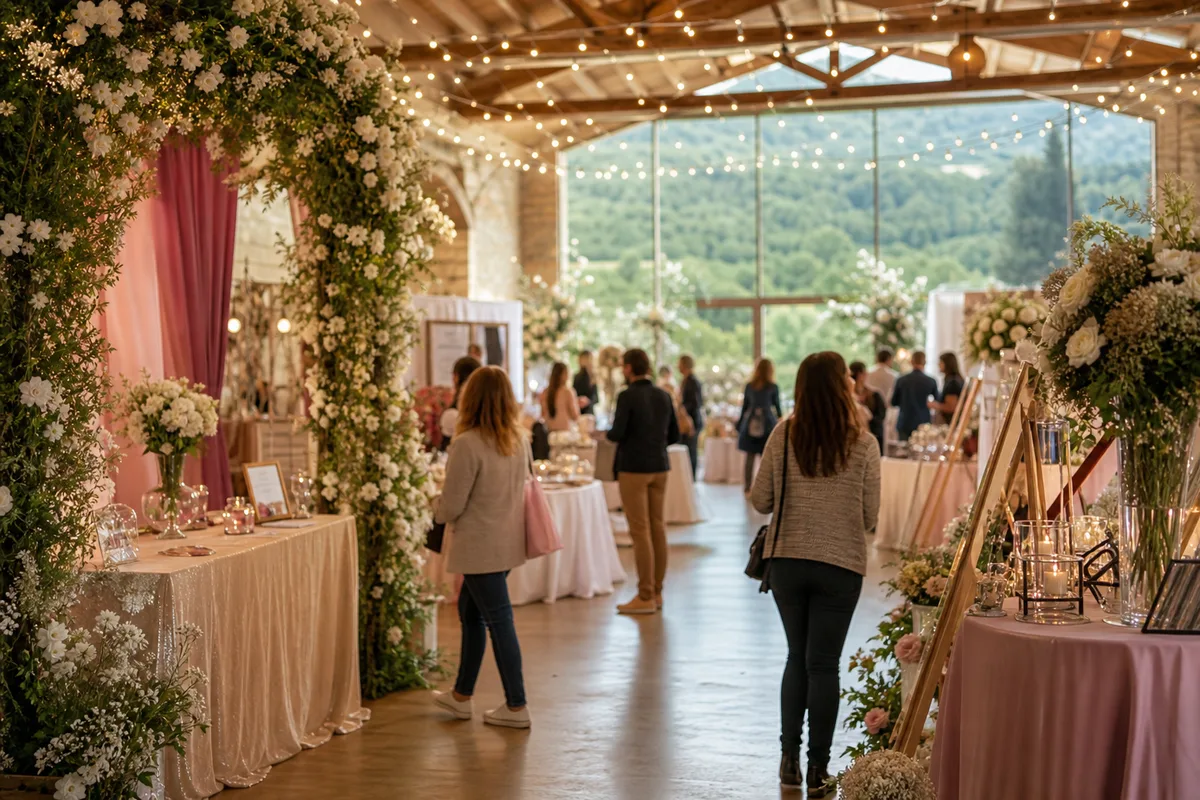 Allée d&rsquo;un salon du mariage avec stands de prestataires et visiteurs