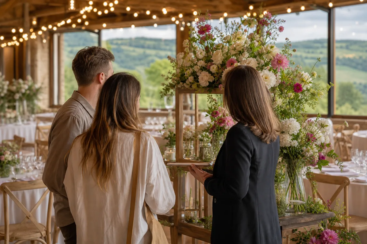 Couple en discussion avec un professionnel devant un stand de décoration florale