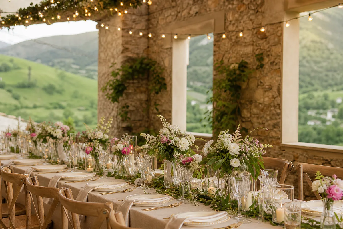 Table de banquet dressée en extérieur devant une bâtisse en pierre